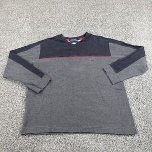 VTG Tommy Hilfiger Sweater Mens L Gray Blue Flag Knit Pullover Sweatshirt Y2K
